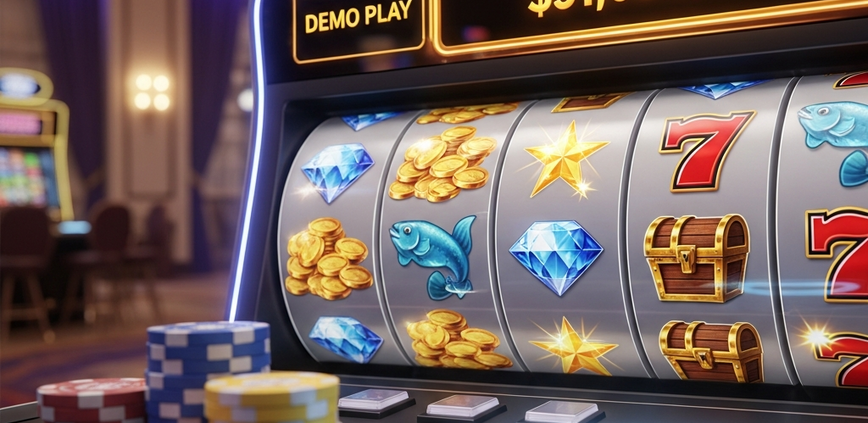 Dynamic online slot machine interface in demo mode, featuring spinning reels with jackpot symbols and a prominent jackpot display, set in a luxurious online casino environment.