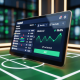 Sleek digital interface of an online football betting platform displaying bankroll management tools, a virtual betting slip, and a growth graph, symbolizing smart budgeting for Malaysian bettors.