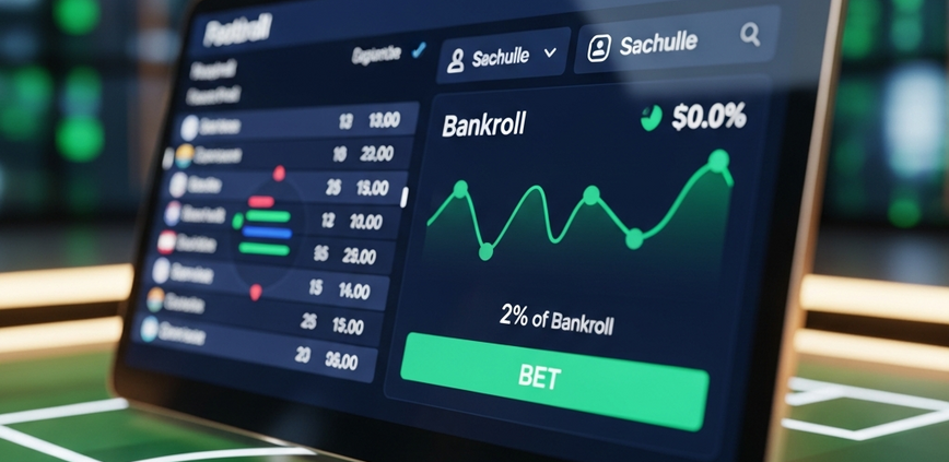 Sleek digital interface of an online football betting platform displaying bankroll management tools, a virtual betting slip, and a growth graph, symbolizing smart budgeting for Malaysian bettors.