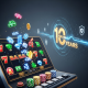 A secure and modern online casino platform interface, symbolizing a decade of trustworthiness and advanced security for Malaysian players, featuring dynamic slot reels and digital security icons.