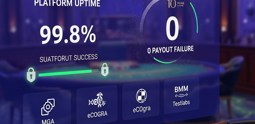 Sleek live online casino interface with uptime and payout success indicators, secure padlock icon, and abstract regulatory certification symbols, set against a luxurious, empty live casino studio backdrop, representing a decade of reliable operation.