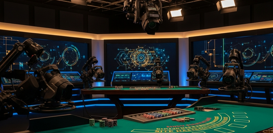 A wide, cinematic view of a luxurious and high-tech live casino studio featuring an empty blackjack table, multiple HD cameras, and glowing control panels, conveying a professional and secure online gaming environment.