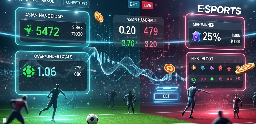Dynamic digital interface representing online sports and esports betting in Malaysia, featuring football odds, esports game graphics, and high-stakes data visualizations on a premium platform.