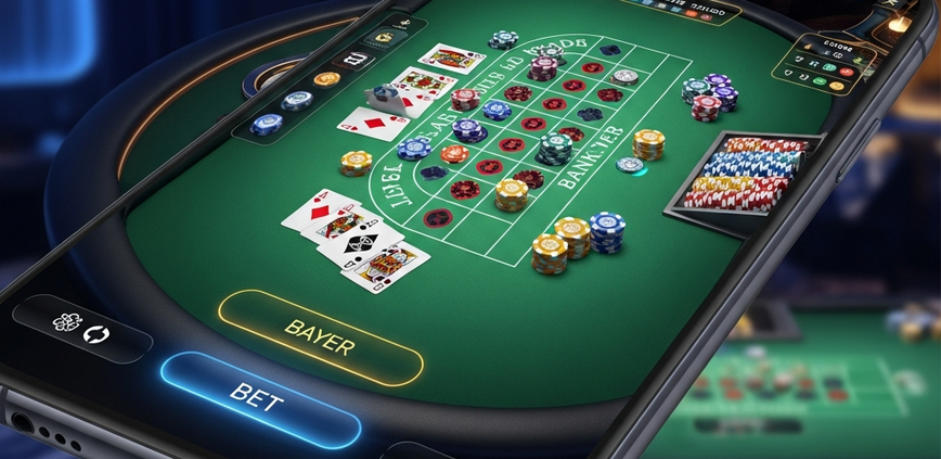 Sleek smartphone displaying a high-definition mobile live casino blackjack game interface with virtual cards and chips on an emerald felt, symbolizing smooth and premium gameplay.