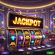 Vibrant online progressive jackpot slot machine interface showing spinning reels with winning symbols and a large digital display featuring a multi-million Ringgit jackpot, set in a luxurious virtual casino environment.