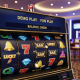 Vibrant online slot machine interface in 'DEMO PLAY' mode, showing virtual credits and spinning reels with generic casino symbols, set against a luxurious online casino lobby background.