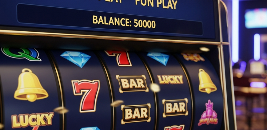 Vibrant online slot machine interface in 'DEMO PLAY' mode, showing virtual credits and spinning reels with generic casino symbols, set against a luxurious online casino lobby background.