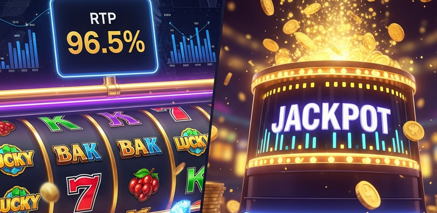 Dynamic split-screen image comparing online slot providers, showing a slot interface with RTP percentage on one side and a progressive jackpot meter with bursting coins on the other, against a luxurious casino background.
