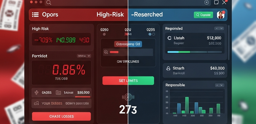 Split-screen sports betting interface illustrating a chaotic, high-risk side versus a calm, strategic, and responsible betting side, emphasizing smart decision-making.