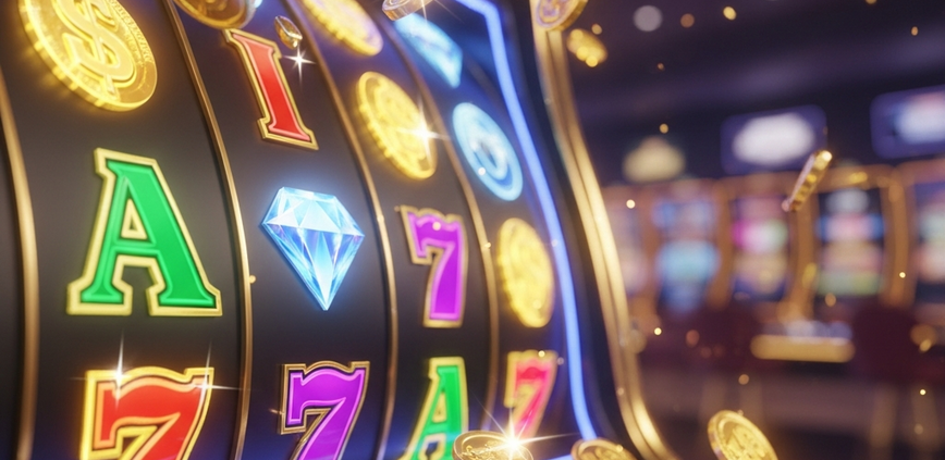 Dynamic online slot machine interface with spinning reels, vibrant jackpot symbols, and a subtle progressive jackpot counter, set against a luxurious online casino backdrop, representing top slot providers for Malaysian players.