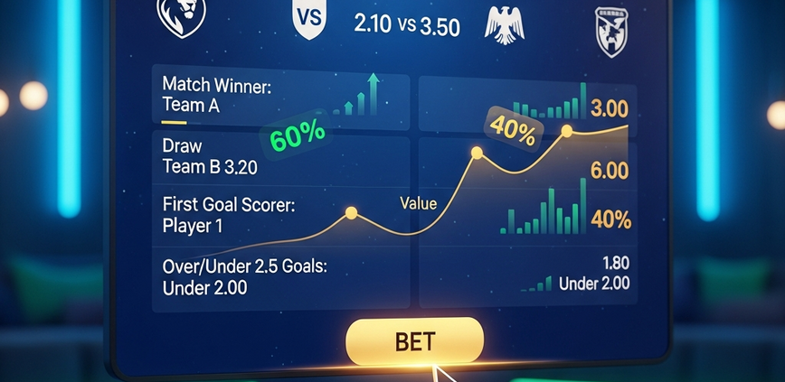 Sleek online sports betting interface showing football match odds, overlaid with data visualizations and a rising value trend graph, set in a luxurious digital environment, representing value betting.