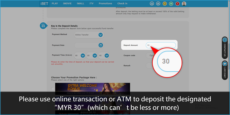 iBET Promotion Tutorial - Get Free RM50 by deposit RM30-MYR30
