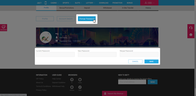 Change password under Profile