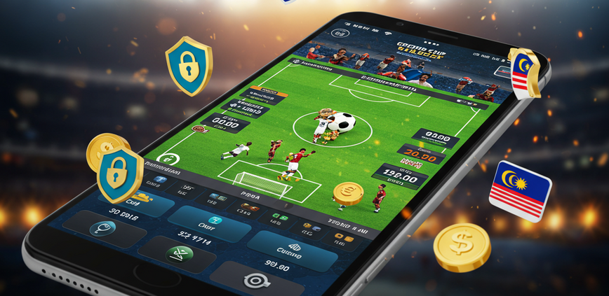 A sleek mobile phone displaying a World Cup sports betting interface with live odds, set against a dramatic football stadium background, symbolizing secure betting in Malaysia.