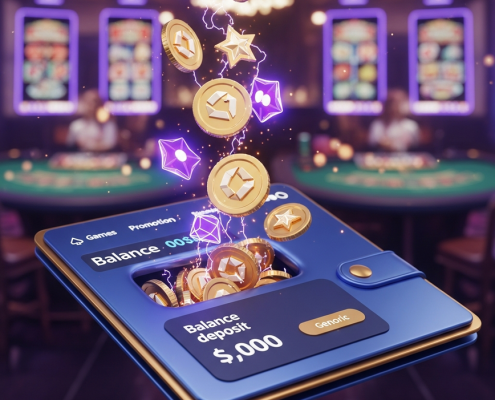 Digital interface of a premium online casino showing a deposit being processed with a significant reload bonus being added to the player's balance, symbolizing extra value and loyalty rewards.