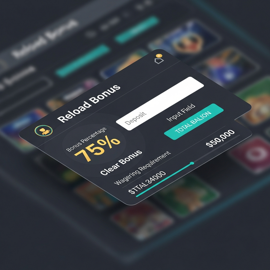 Illustrates the mechanics of a reload bonus, specifically showing the bonus percentage, deposit, and resulting total funds, along with a visual cue for wagering requirements within a clean UI.