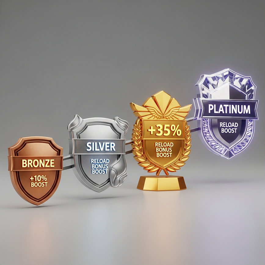 Visualizes the concept of loyalty tiers and their impact on reload bonus value, showing a progression through different loyalty levels within an online casino's VIP program.