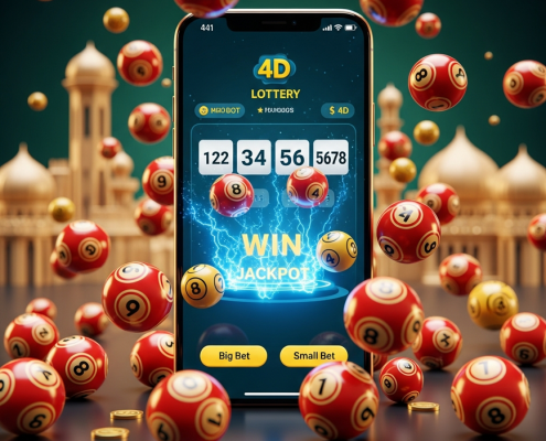 Vibrant digital art showing a mobile phone with a 4D lottery interface, surrounded by red and gold lottery balls, symbolizing online Magnum 4D in Malaysia.