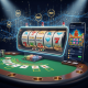 Vibrant digital interface of a premium online casino, showcasing diverse game types like slot reels, a live dealer blackjack table, and a mobile slot game, all against a background of secure data flow and licensing symbols, representing top game providers in Malaysia.