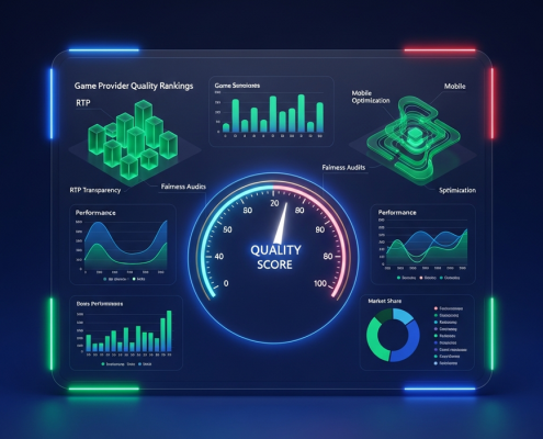 Digital dashboard visualizing game provider quality rankings, showing charts for RTP, fairness, and mobile optimization, with abstract online slot and live dealer table elements in the background, conveying a high-tech and trustworthy online casino experience.