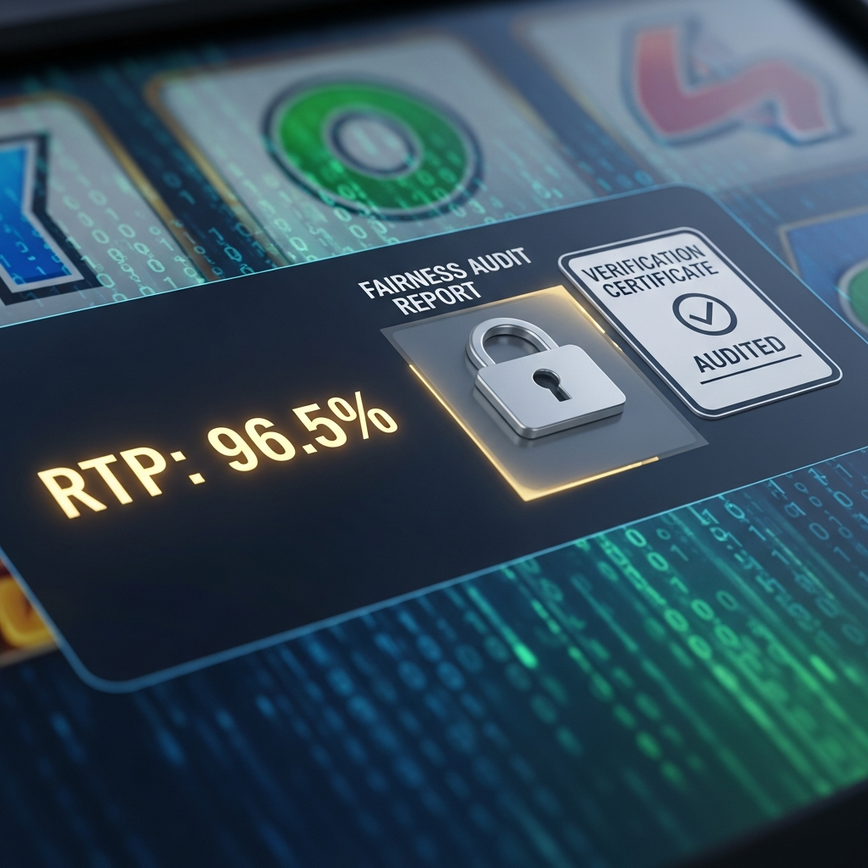 Illustrates the critical concepts of Return to Player (RTP) transparency and independent fairness verification in online casino games.