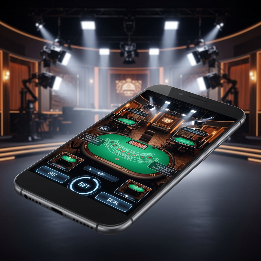 Depicts the high-quality live dealer experience and its seamless optimization for mobile gaming, emphasizing HD streaming and professional setup.