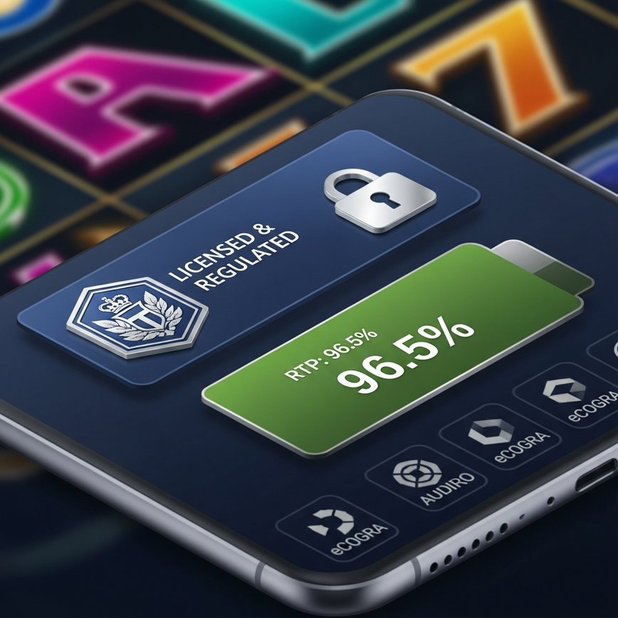 Illustrates the critical process of verifying authentic online casino games, focusing on key elements like provider logos, RTP display, and certification, reinforcing trust and security.