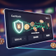 A modern online casino interface showcasing a prominent cashback feature with a digital shield icon and virtual chips flowing into an account balance, symbolizing bankroll protection on a premium online gaming platform.