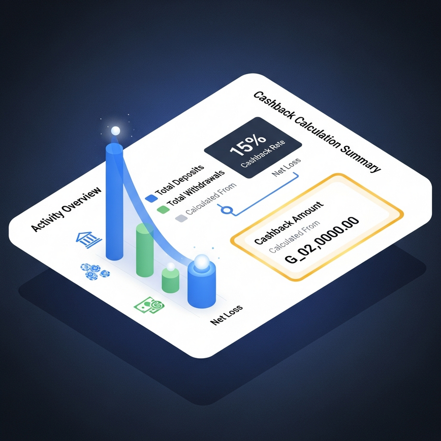 Illustrates the mechanics of cashback calculation, showing net loss, deposits, withdrawals, and the final cashback amount.