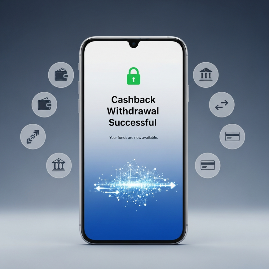 Depicts the fast and secure withdrawal process for cashback funds, highlighting the 'no wagering requirements' aspect and various payment methods.