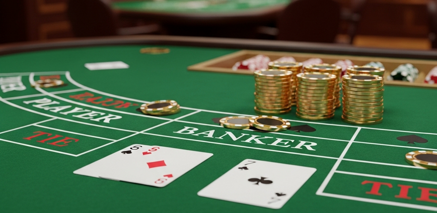 High-angle view of a Baccarat table with cards showing a Banker win, and a stack of chips on the Banker bet area, symbolizing the strategic advantage in online Baccarat.