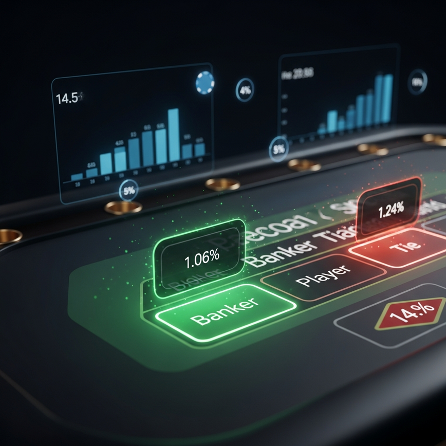 Illustrates the mathematical comparison of house edge between Player, Banker, and Tie bets, visually representing the statistical advantage of the Banker bet.