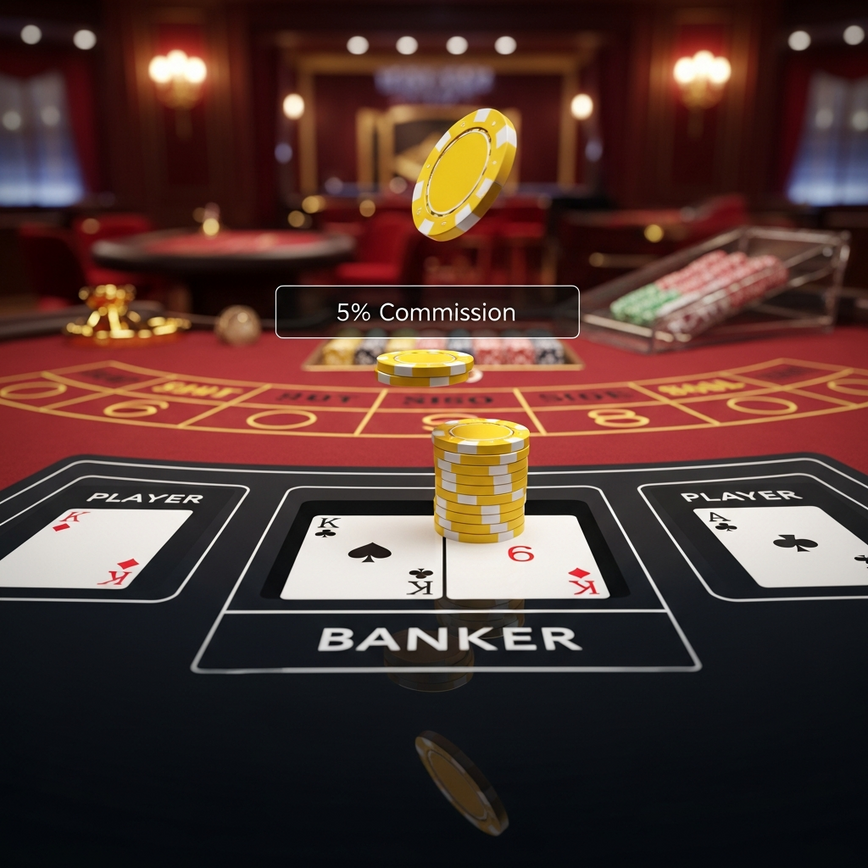 Depicts the concept of commission on Banker bets and its long-term impact on player winnings, emphasizing that the statistical advantage still makes it the better choice.