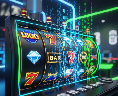 High-tech online slot machine interface with abstract visual elements representing Random Number Generator (RNG) technology and fair play, set against a secure, digital backdrop.