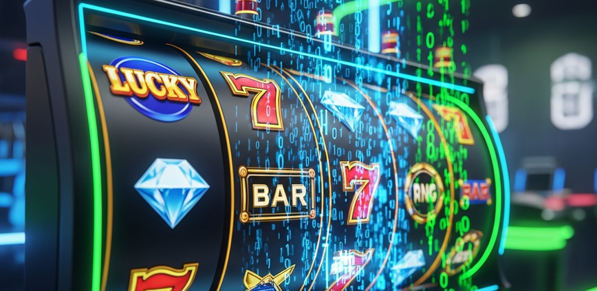 High-tech online slot machine interface with abstract visual elements representing Random Number Generator (RNG) technology and fair play, set against a secure, digital backdrop.