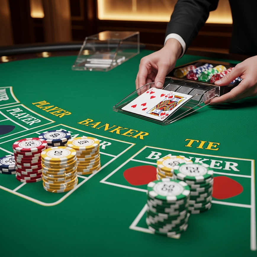 Illustrates the 'Authentic Casino Experience' of Live Baccarat, emphasizing transparency, physical cards, and a premium studio setting.
