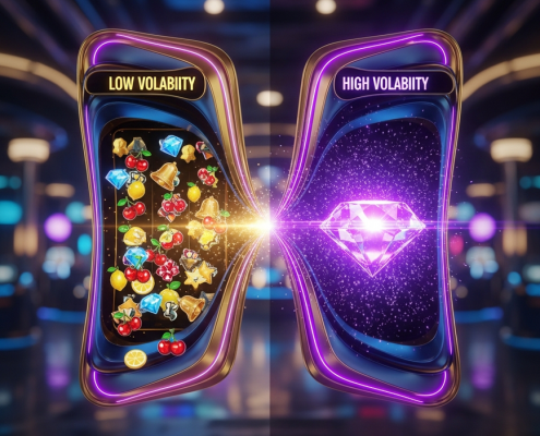 Dynamic digital art visualizing slot volatility with contrasting elements representing frequent small wins and rare large jackpots on a premium online casino interface.