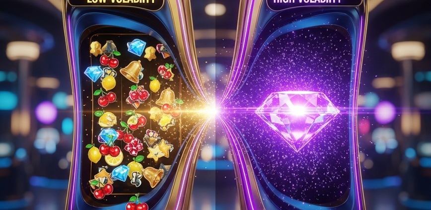 Dynamic digital art visualizing slot volatility with contrasting elements representing frequent small wins and rare large jackpots on a premium online casino interface.