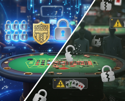 A split image contrasting a secure, licensed online casino interface with clear regulatory symbols and a professional look, against a dark, chaotic, and risky unlicensed casino interface with broken security icons and distorted elements, highlighting the difference in player protection and trust.