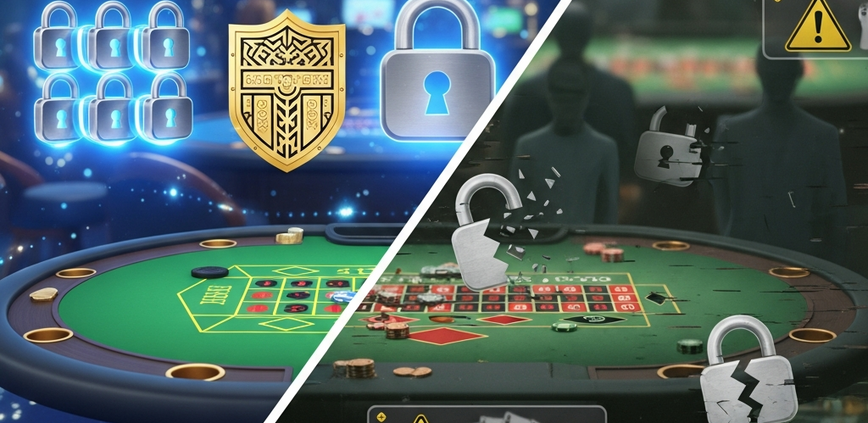 A split image contrasting a secure, licensed online casino interface with clear regulatory symbols and a professional look, against a dark, chaotic, and risky unlicensed casino interface with broken security icons and distorted elements, highlighting the difference in player protection and trust.