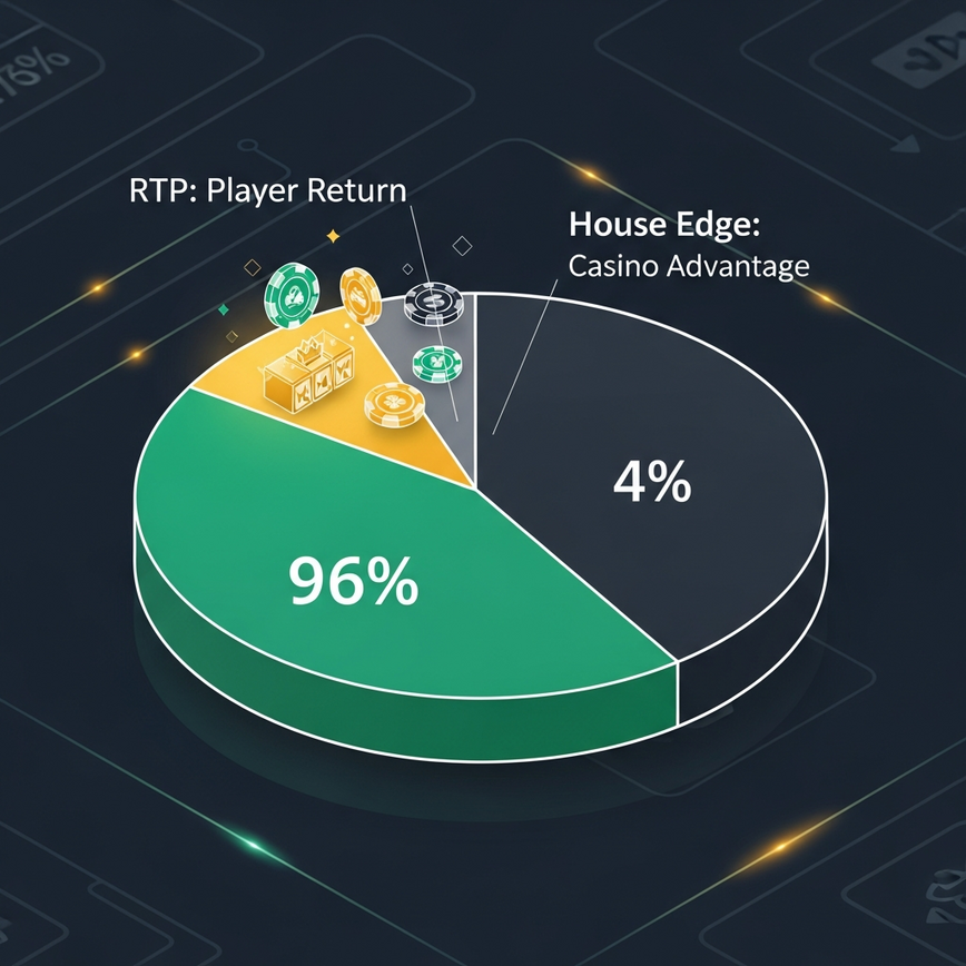 Illustrates the direct relationship between Return to Player (RTP) and House Edge.