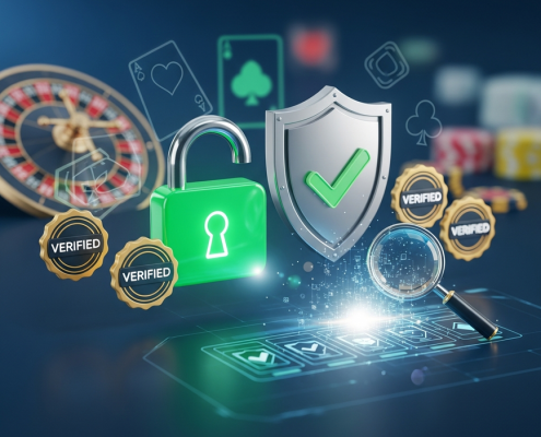Digital interface representing online casino research with security icons, a magnifying glass, and abstract casino elements, symbolizing safe gaming verification before making a deposit.