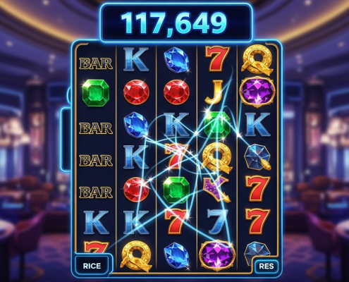 Dynamic online slot machine interface showcasing the evolution of paylines, from a simple single line to complex Megaways mechanics with a 'WAYS TO WIN' counter, set against a luxurious casino backdrop.