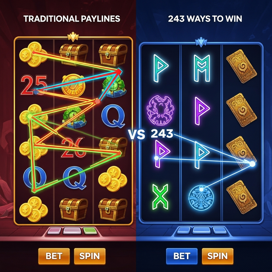 Illustrates the difference between traditional multi-payline slots and 'ways to win' systems like 243/1024, showing how winning combinations are formed in each.