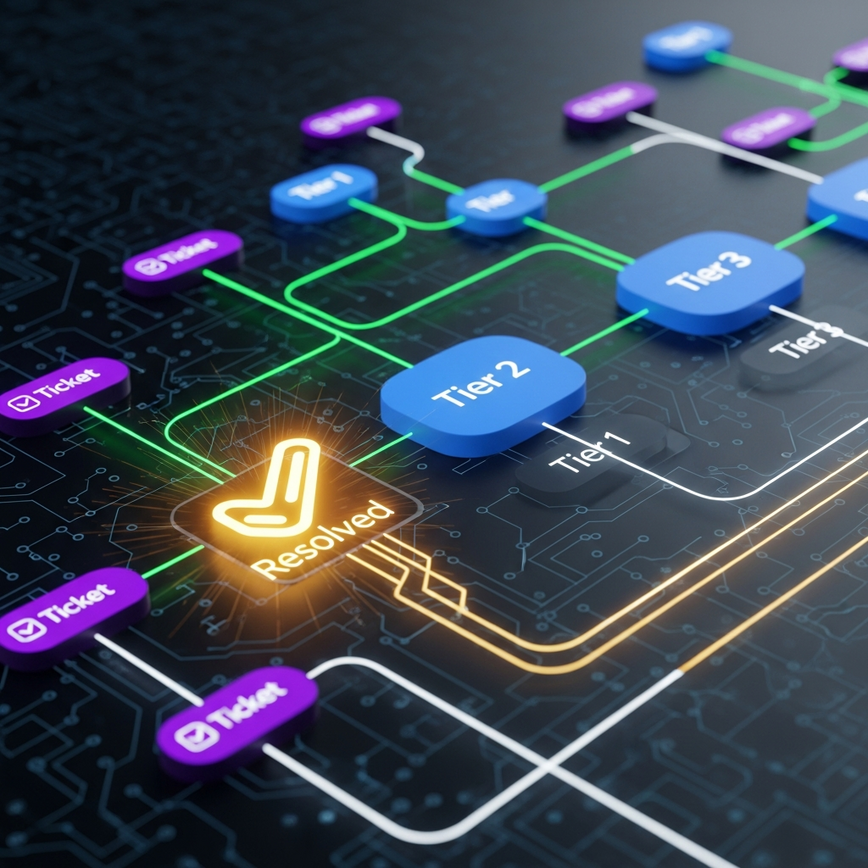Visualizes the structured process of support ticket management, escalation procedures, and problem resolution, implying accountability and transparency.