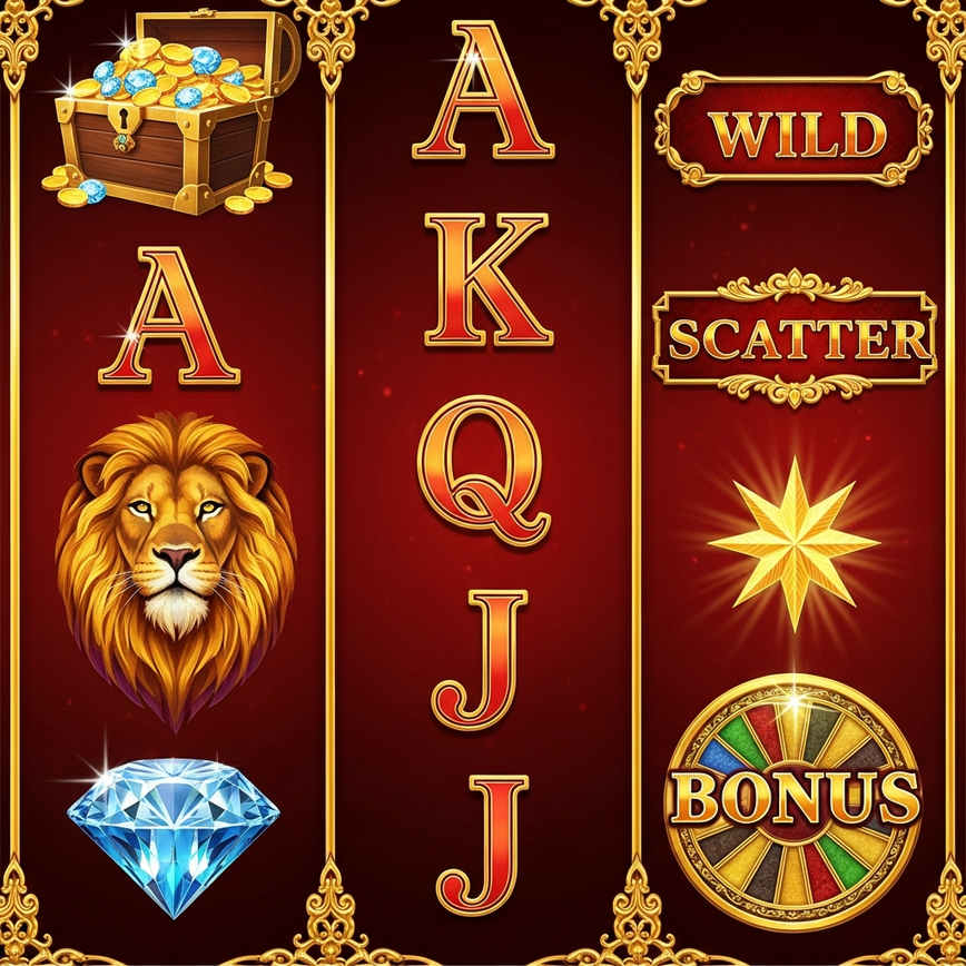 Illustrates the different types of slot symbols (high-value, low-value, special) and their appearance on the reels, as explained in the article's 'Step 2: Understand Symbol Values' section.