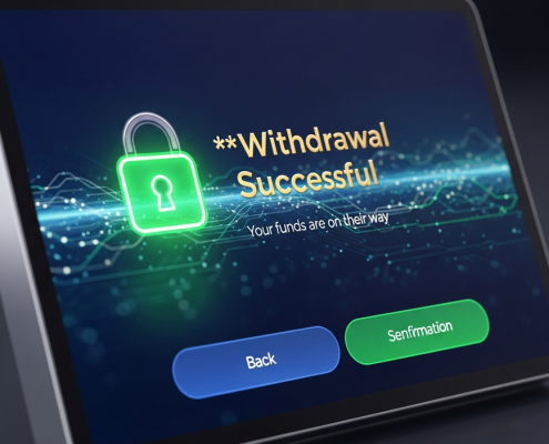 A modern online casino payment interface displaying a successful withdrawal confirmation, featuring a secure padlock icon and abstract data flow, representing financial trustworthiness and fast payouts on a premium online platform.