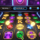 Vibrant online slot machine interface showcasing wild symbols, scatter symbols, and bonus feature indicators on a premium digital gaming platform, with glowing winning symbols.