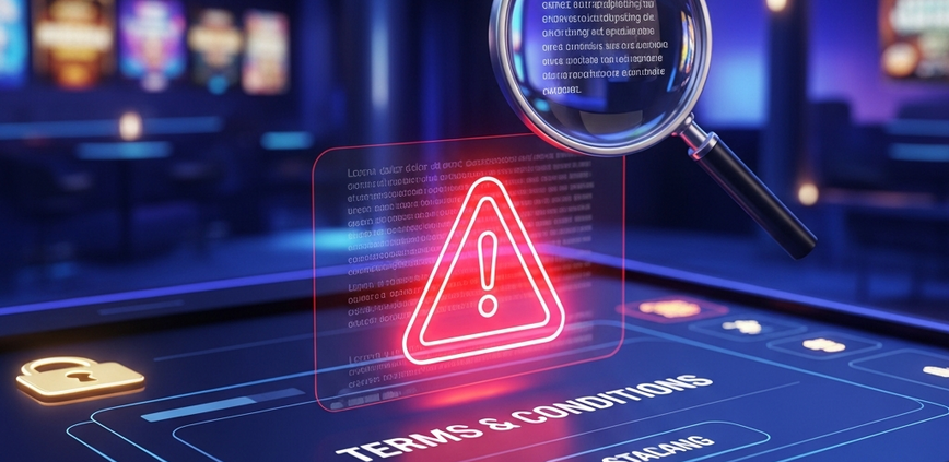 Digital online casino interface with a magnifying glass highlighting 'Terms & Conditions' and subtle red warning icons, symbolizing the importance of identifying red flags for player protection.
