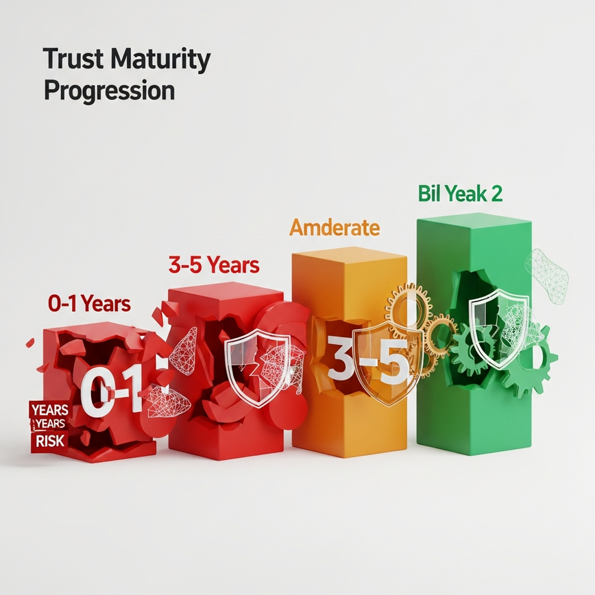 To visually represent the 'Trust Maturity Scoring Framework' table, illustrating the progression of trust levels and risk based on an online casino's operational age.